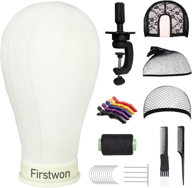 Firstwon 22 Inch Wig Head Canvas Block Mannequin Head for Hair Styling Practice Display Wig Making Tipod Stand with T Pins Set. - Image 1